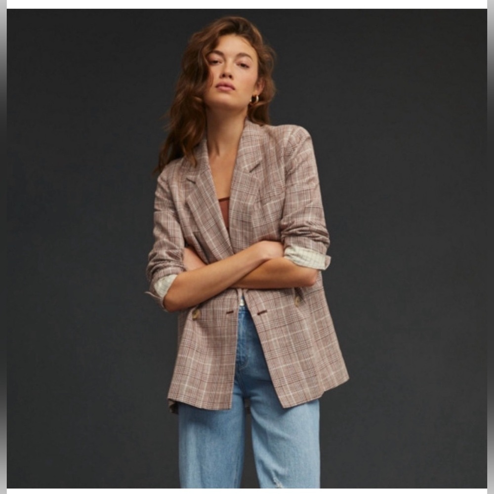Anthropologie Double-Breasted Plaid Burgundy Checkered Blazer Size 12